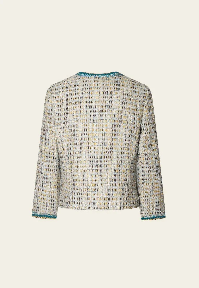 Earth Tone Blue And Gold Detailing Tweed Jacket
