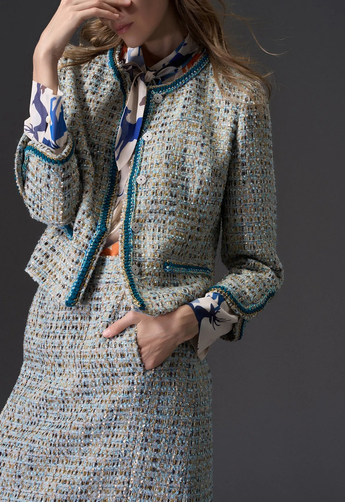 Earth Tone Blue And Gold Detailing Tweed Skirt