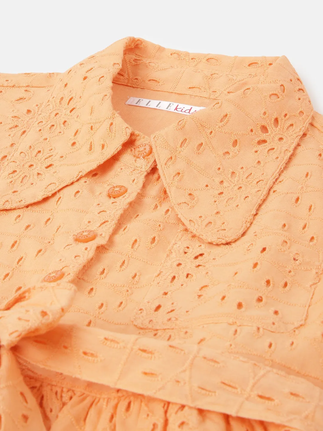 Elle Girls Coral Self-Design Shirt Collar Short Sleeves Dress