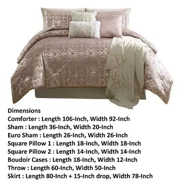 Eve 10 Piece King Size Poly Velvet Comforter Set, Foil Pattern, Blush Pink By Casagear Home