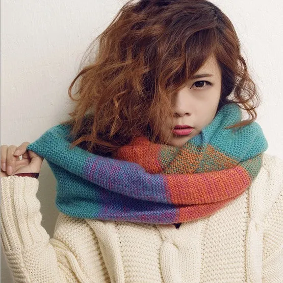 Fashion Scarf Women Multicolor Mosaic Winter Warm Long Scarf Knitted Wool Neck Scarves Wraps Thicken Shawls
