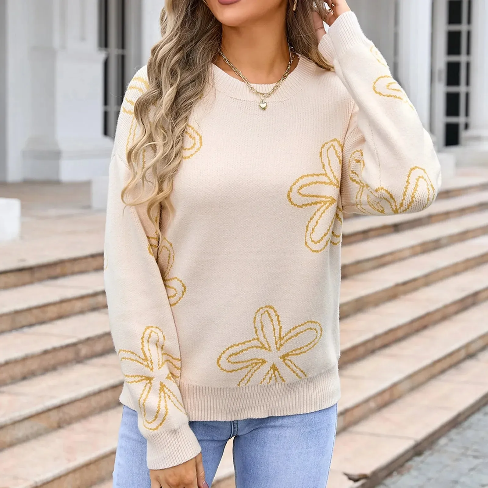 Floral Crewneck Sweater - Cozy Knit Jumper for Women
