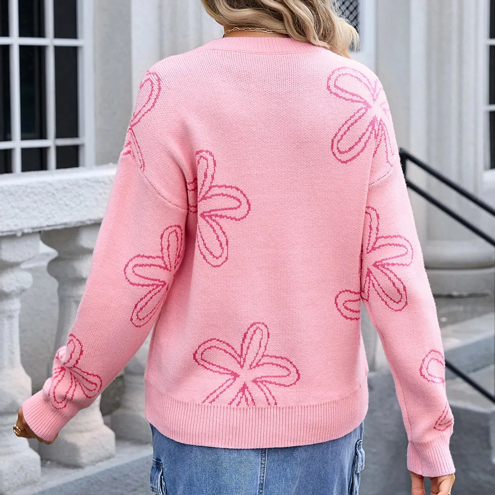 Floral Crewneck Sweater - Cozy Knit Jumper for Women