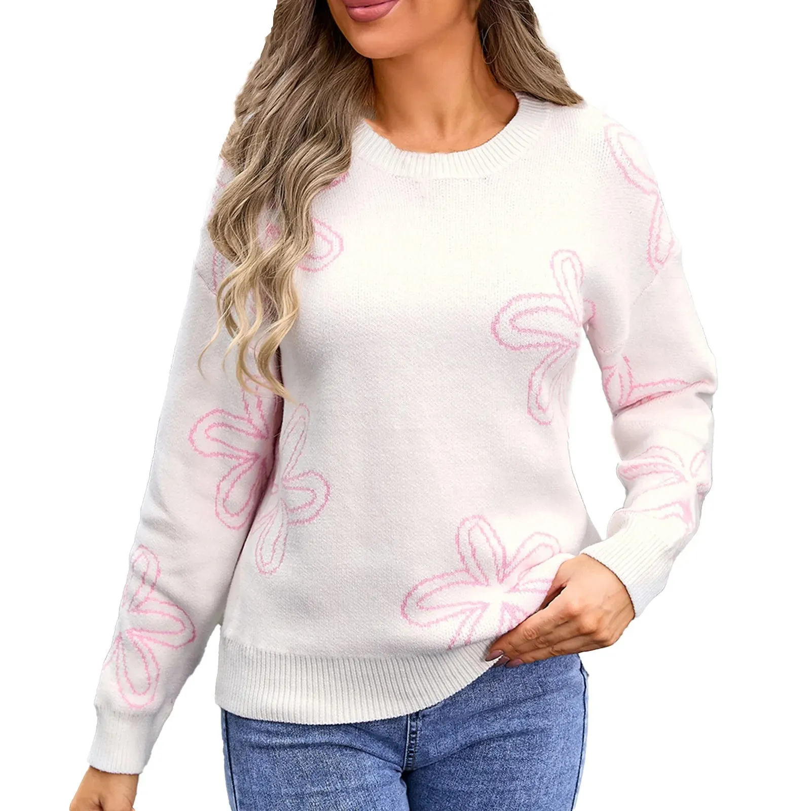 Floral Crewneck Sweater - Cozy Knit Jumper for Women