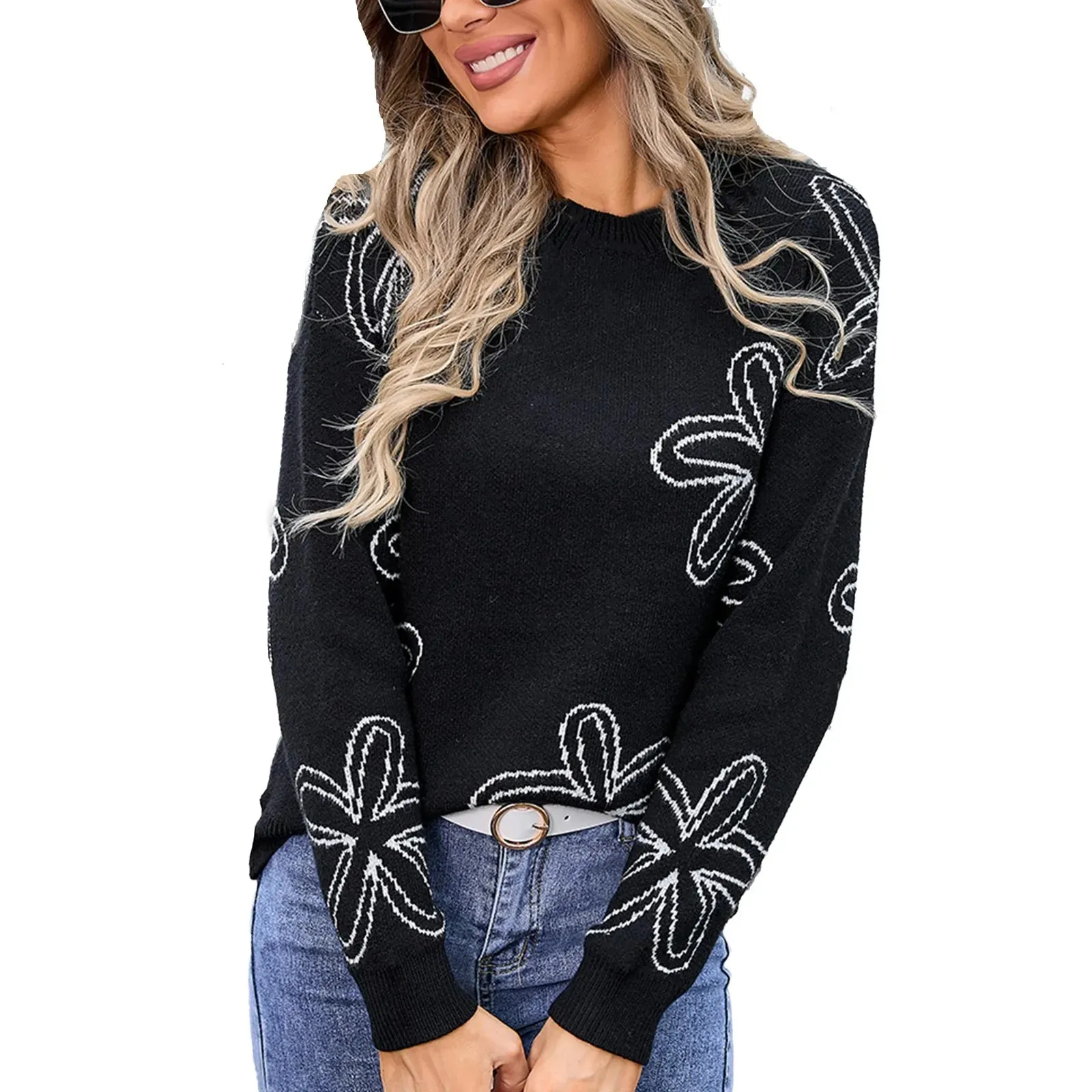 Floral Crewneck Sweater - Cozy Knit Jumper for Women