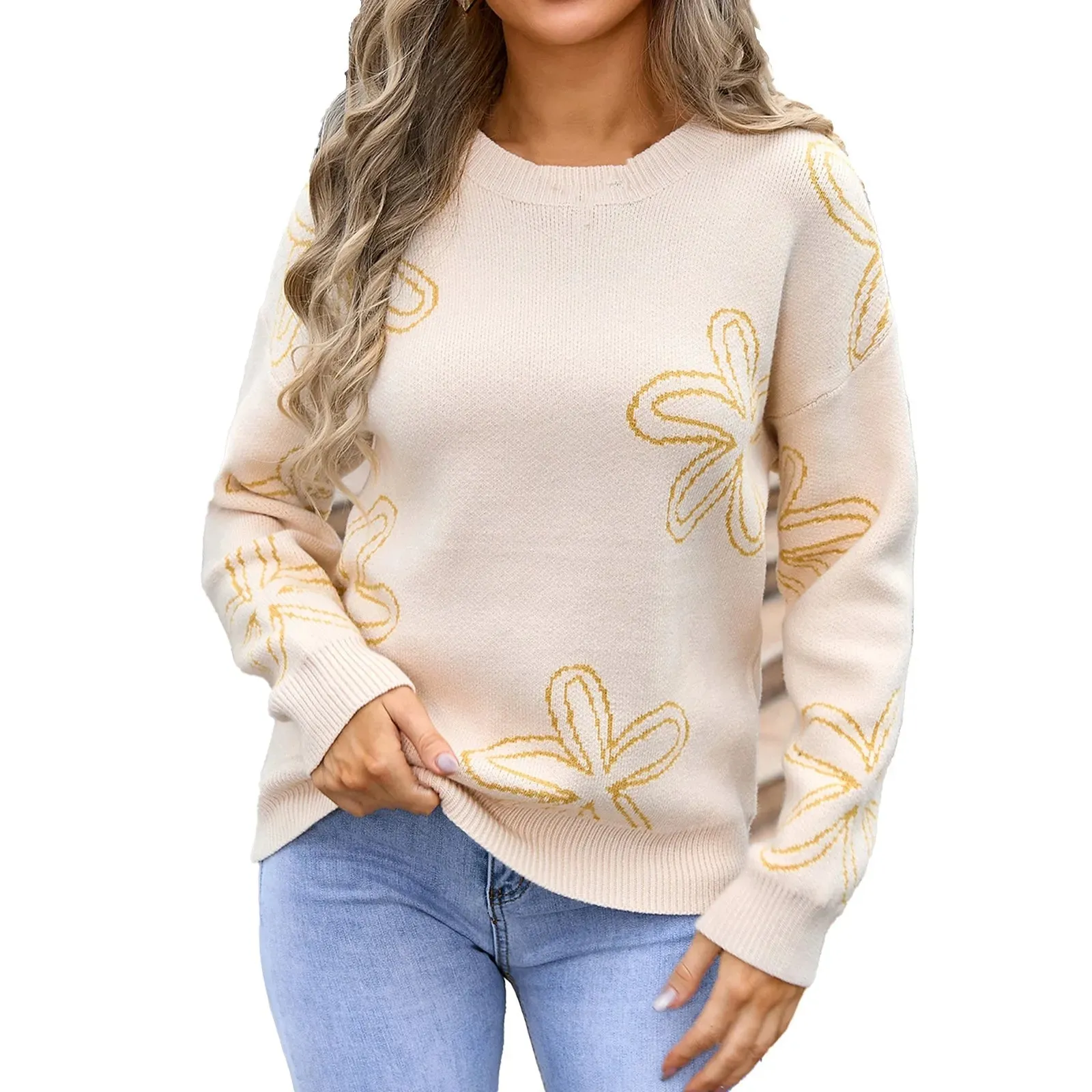 Floral Crewneck Sweater - Cozy Knit Jumper for Women
