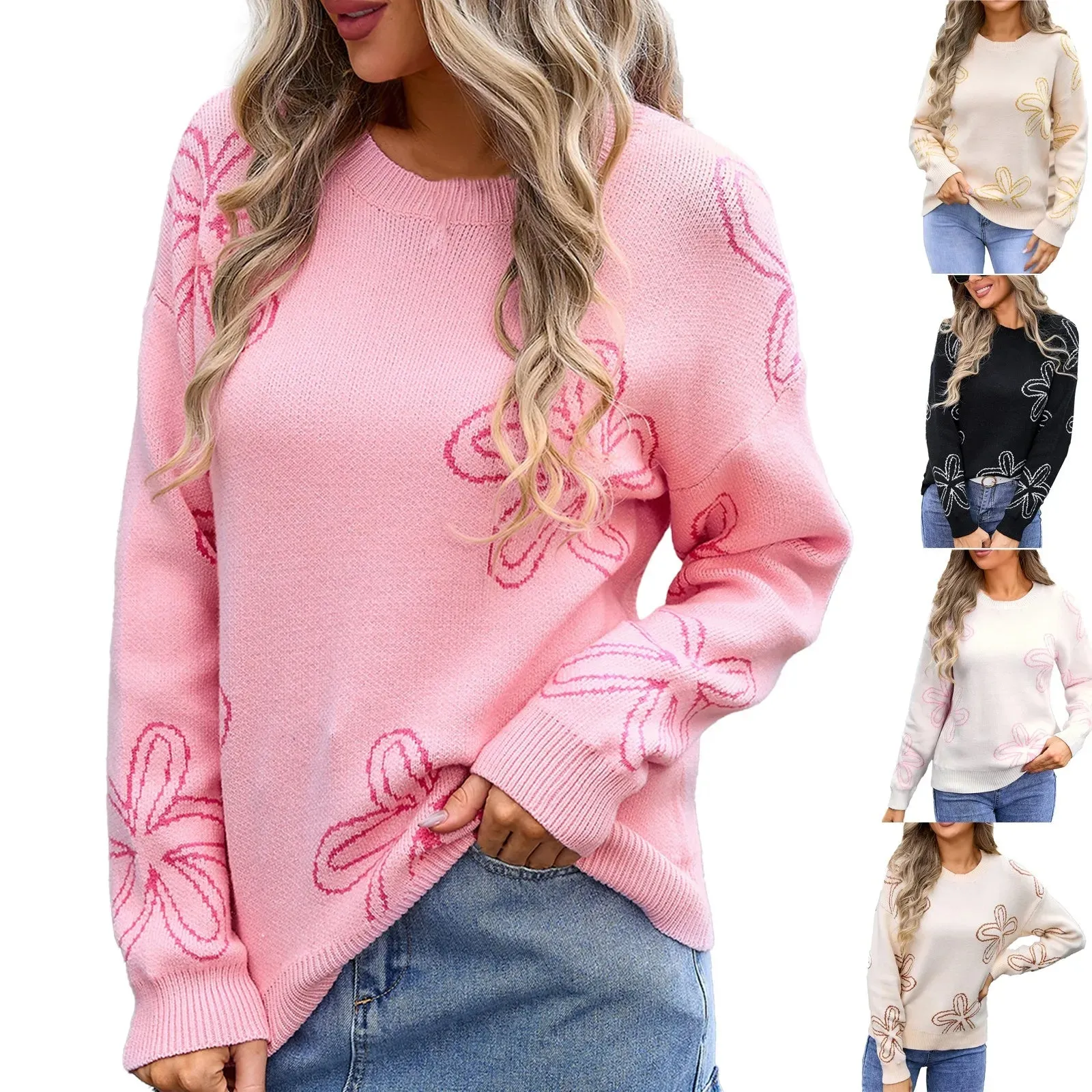 Floral Crewneck Sweater - Cozy Knit Jumper for Women