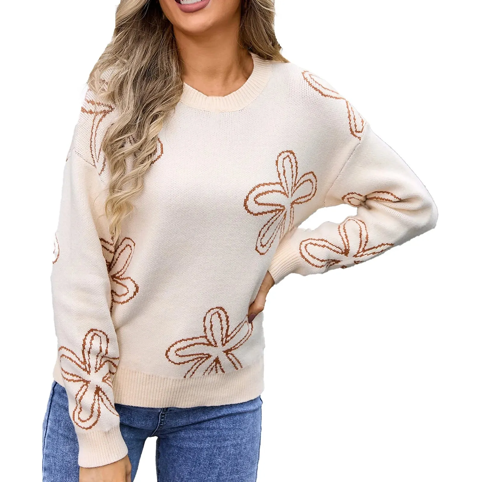 Floral Crewneck Sweater - Cozy Knit Jumper for Women