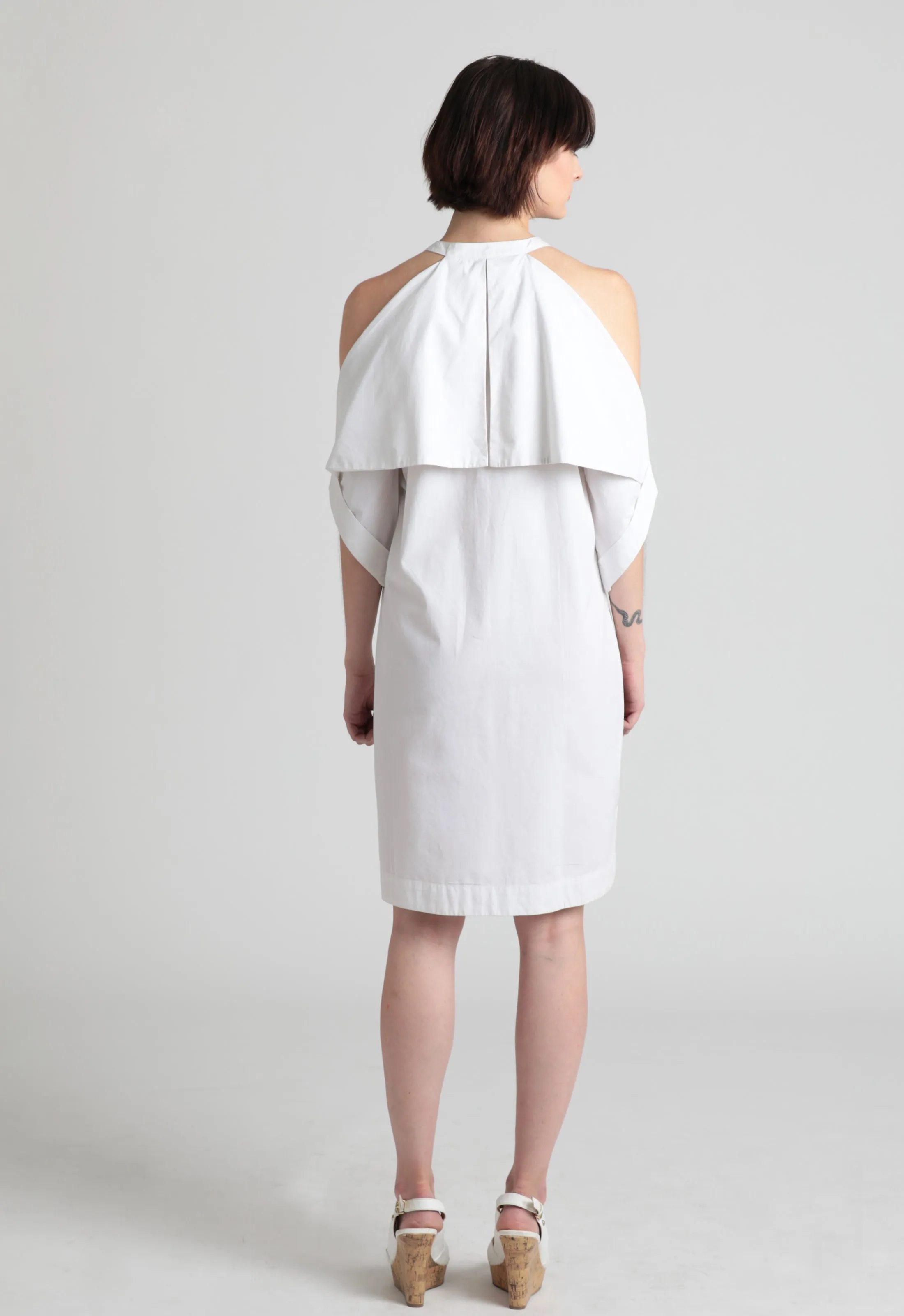 Fold-over cold shoulder cotton shirt dress