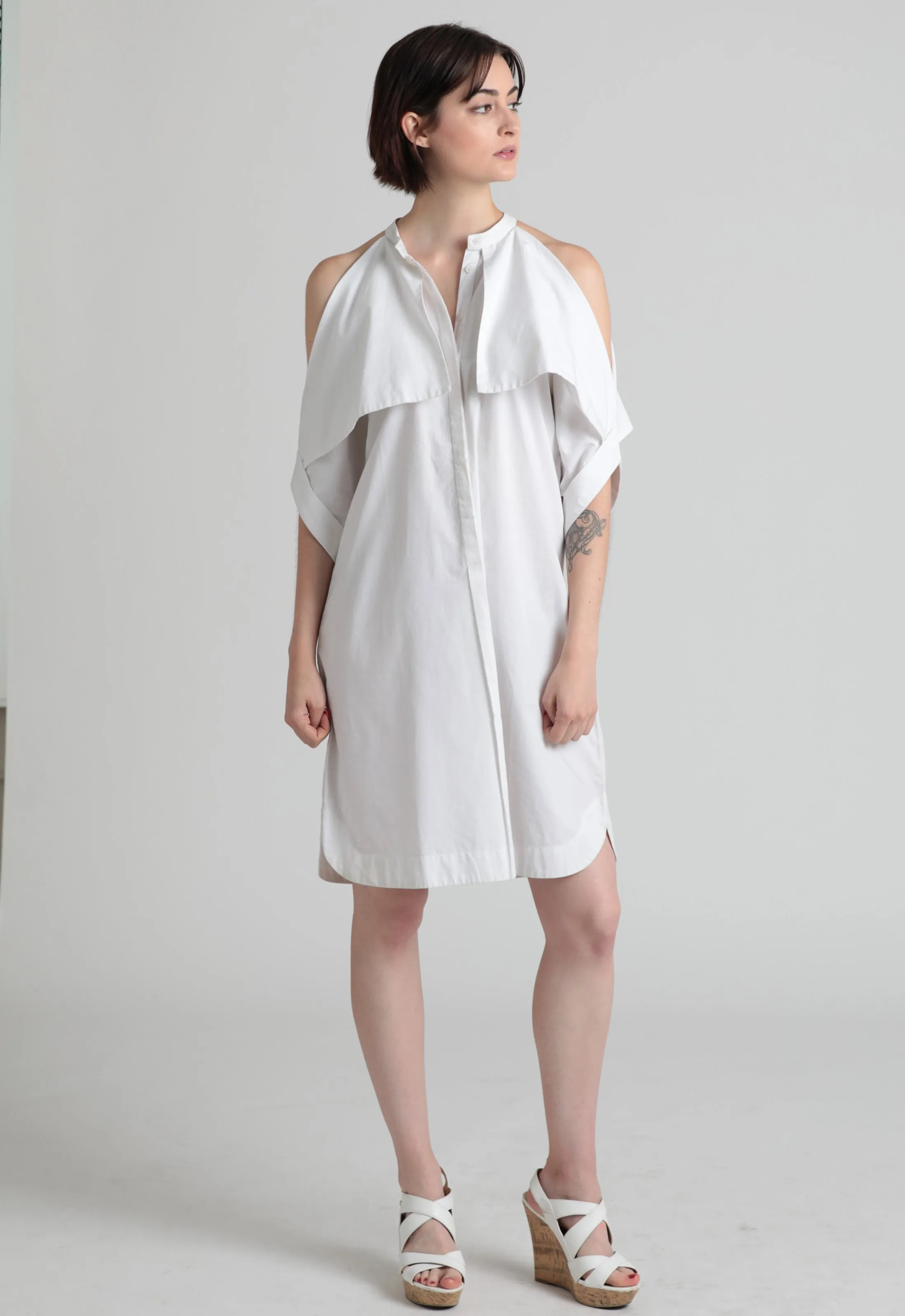 Fold-over cold shoulder cotton shirt dress