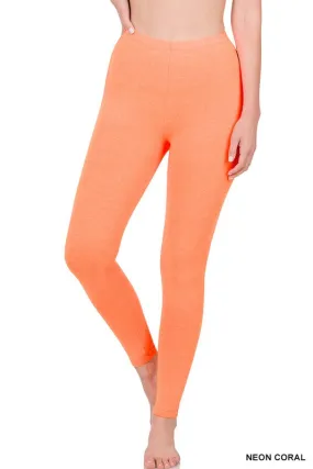 Full Length Cotton Leggings - Neon Coral