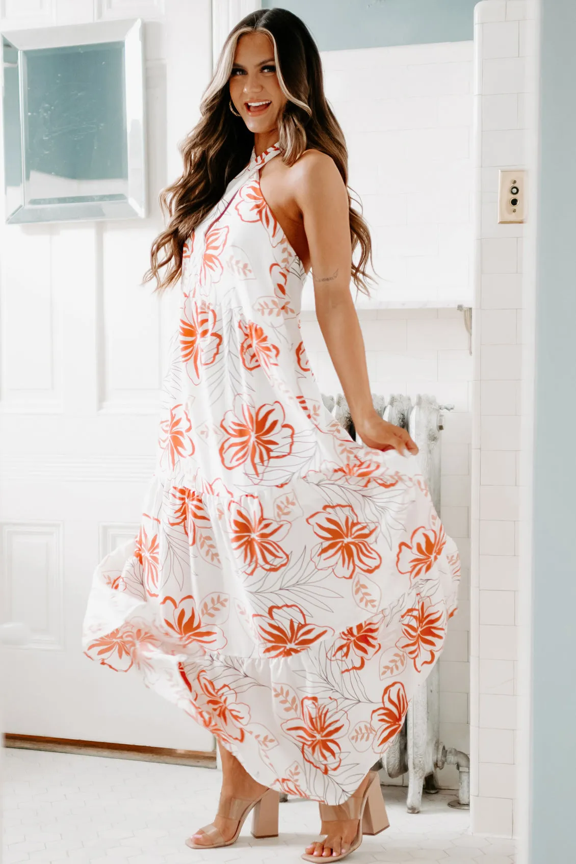 Going On Vacation Floral Halter Maxi Dress (White)
