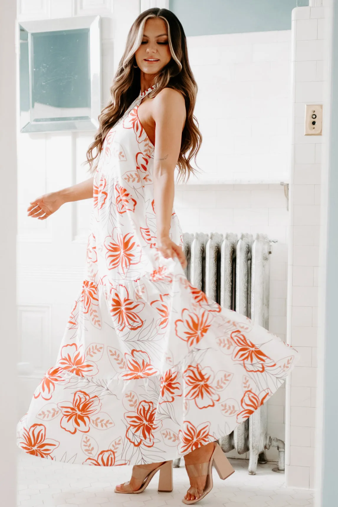 Going On Vacation Floral Halter Maxi Dress (White)