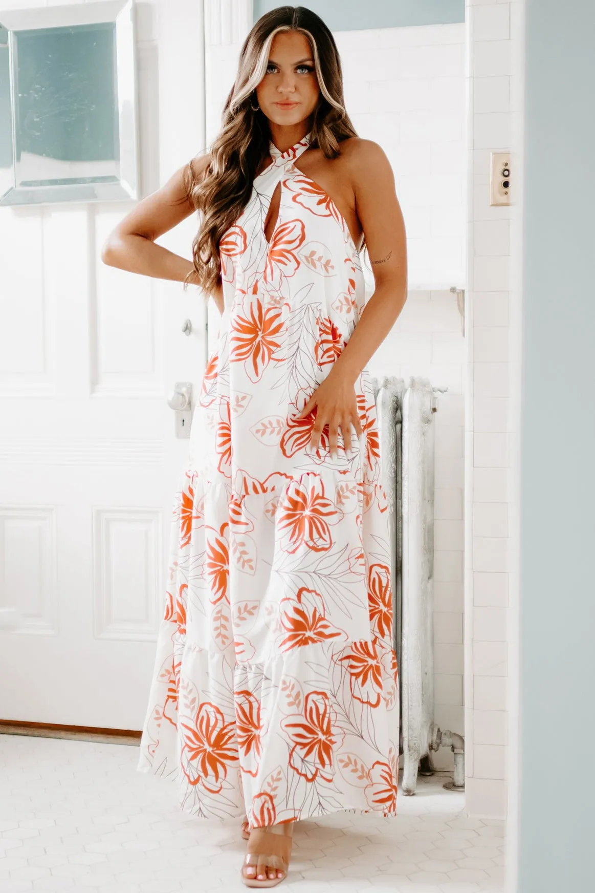 Going On Vacation Floral Halter Maxi Dress (White)