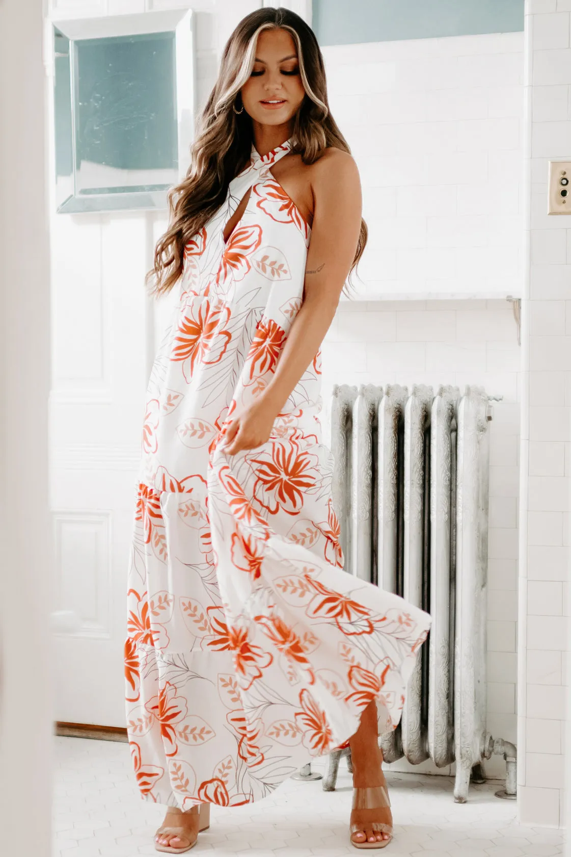 Going On Vacation Floral Halter Maxi Dress (White)