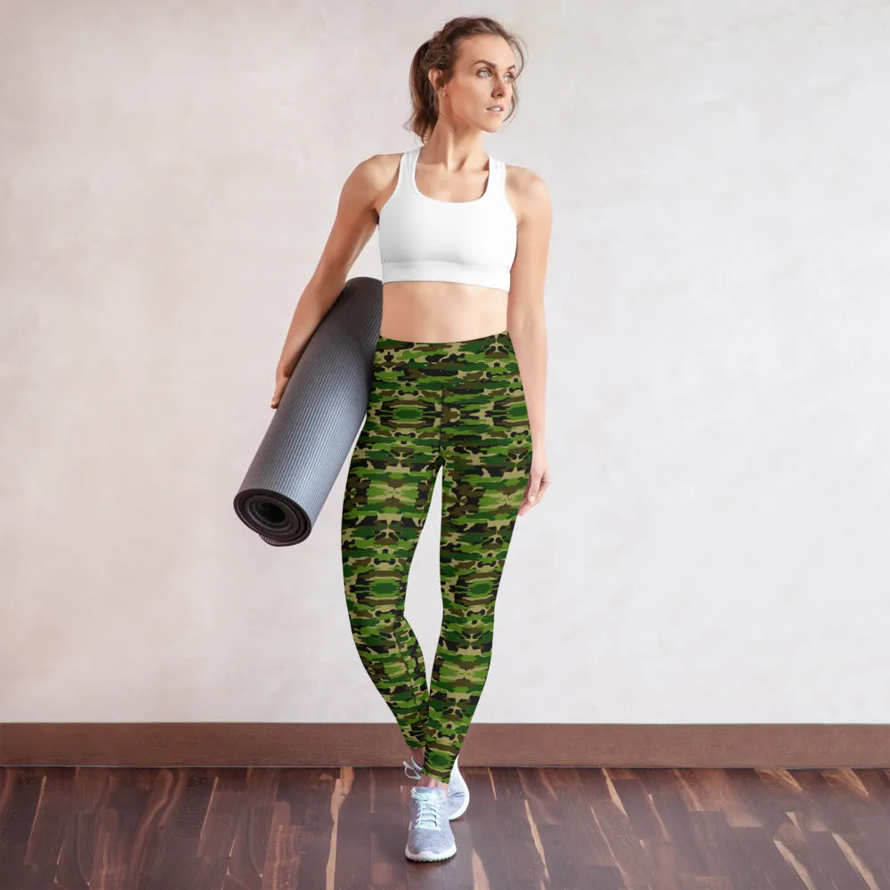 Green Camo Women's Yoga Leggings, Camouflage Army Military Print Women's Long Tights-Made in USA/EU