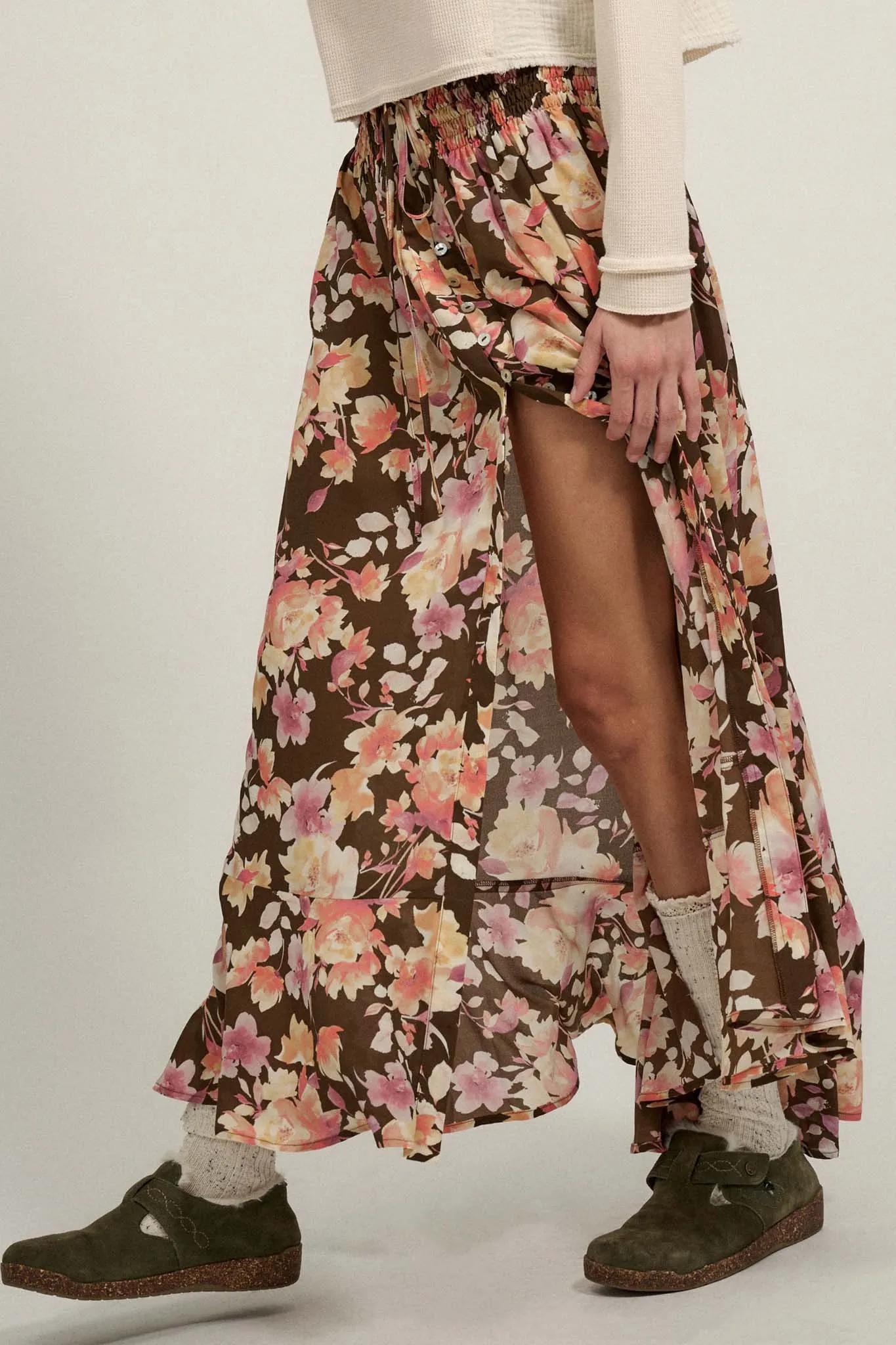 Harvest Dawn Floral Button-Front Maxi Skirt