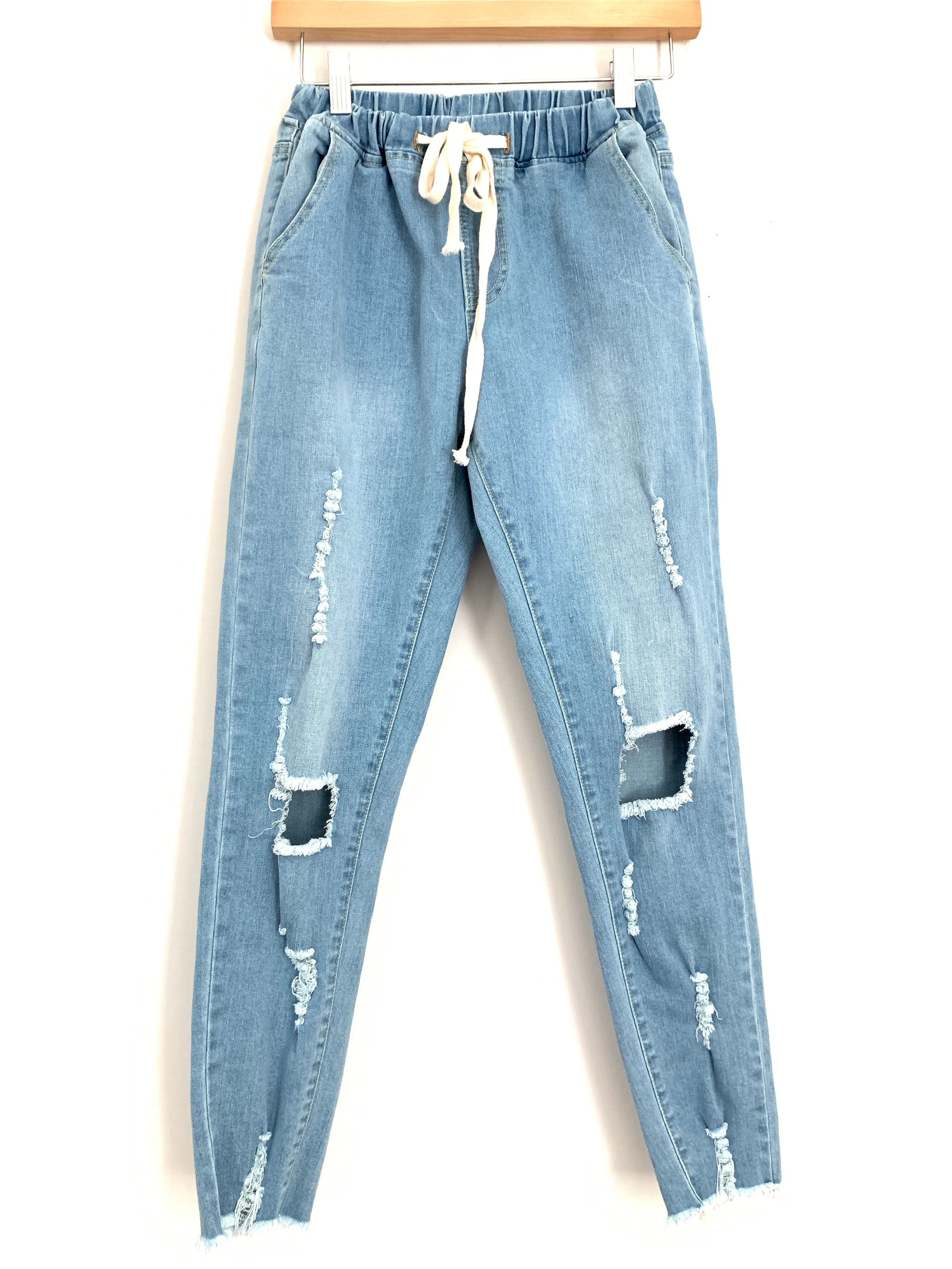 Hayden Light Wash Drawstring Waist Distressed Jeans- Size S (Inseam 25.5”)