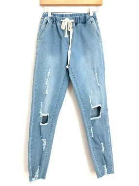 Hayden Light Wash Drawstring Waist Distressed Jeans- Size S (Inseam 25.5”)
