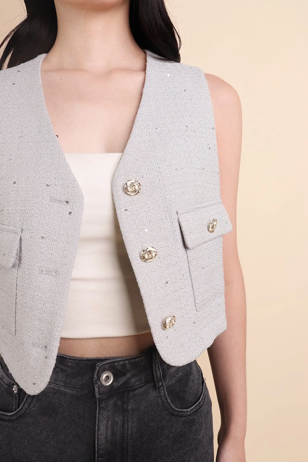 KELLIE TWEED VEST TOP IN GREY