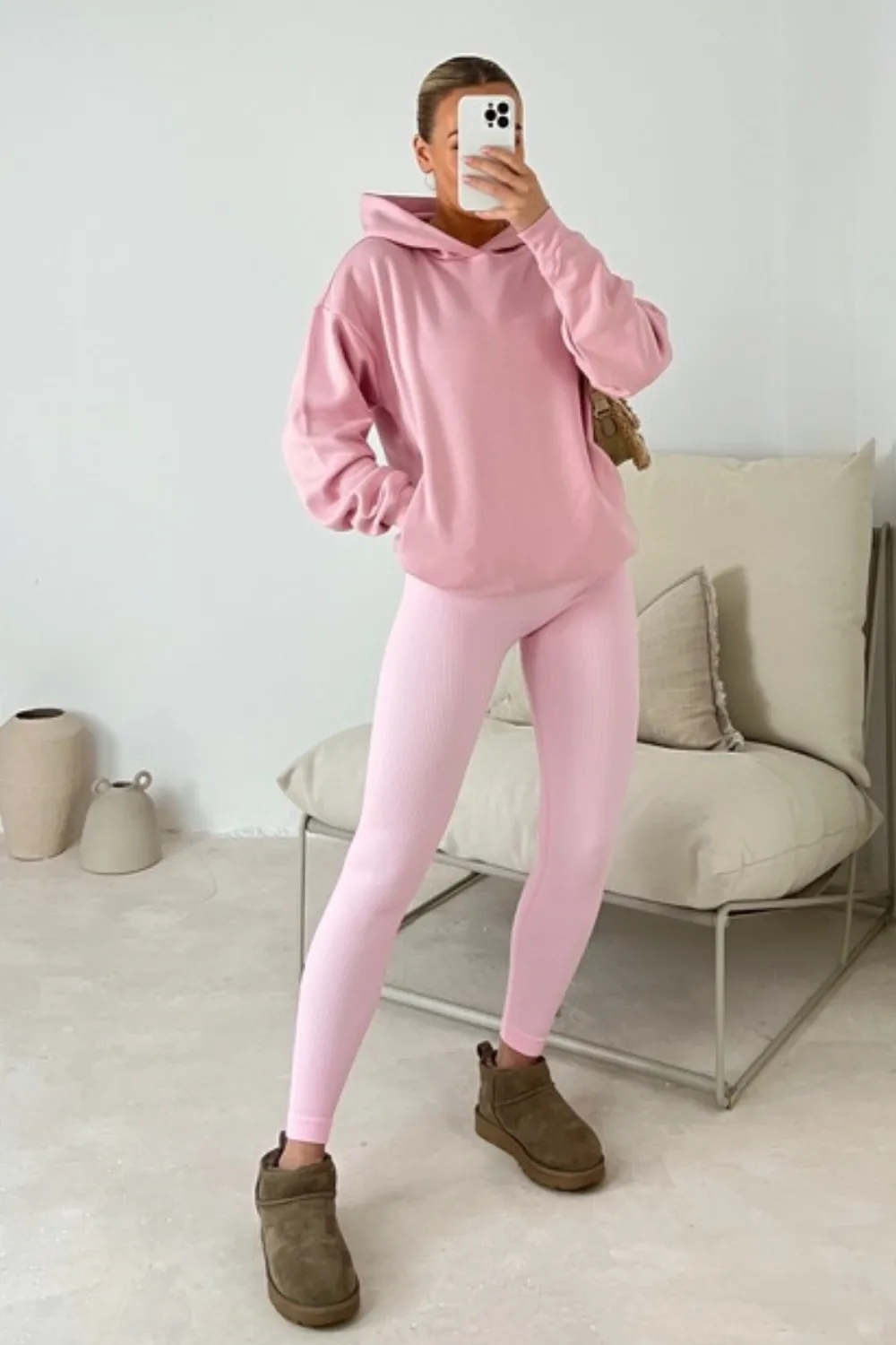 Kendall baby pink hoodie and ribbed legging set