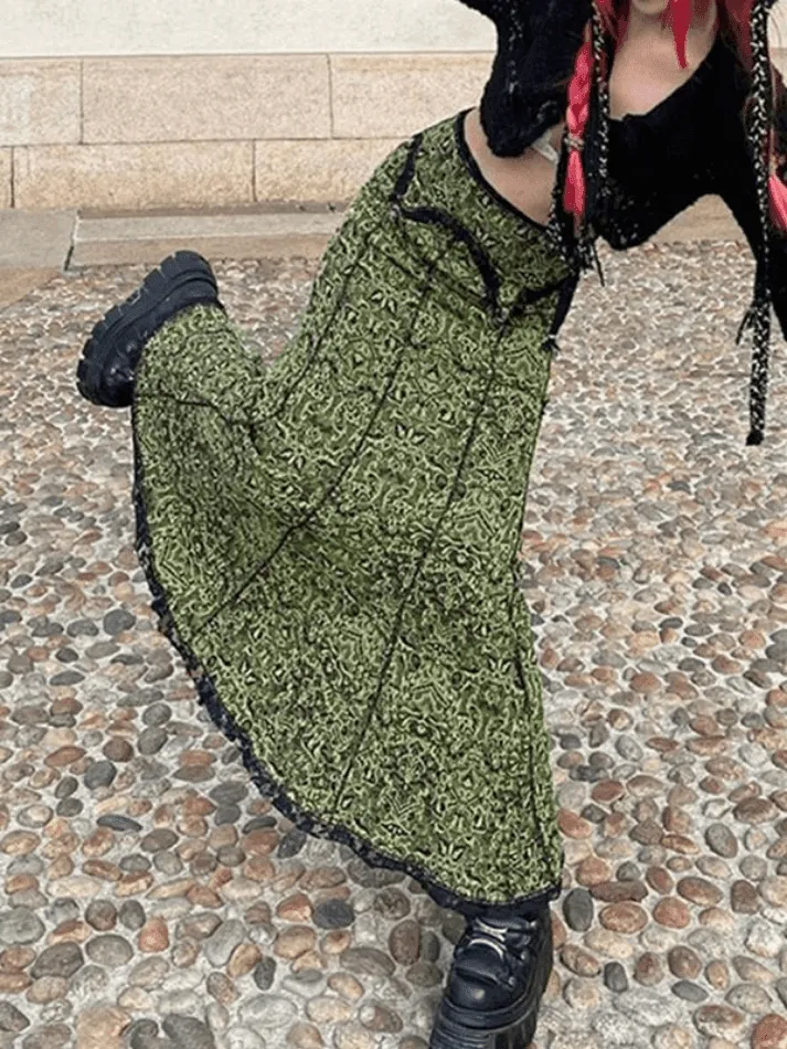 LANFUBEISI - Vintage Mermaid Patchwork Printed Maxi Skirt