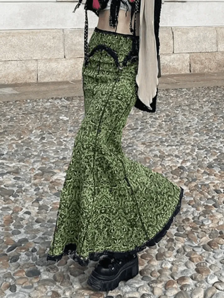 LANFUBEISI - Vintage Mermaid Patchwork Printed Maxi Skirt
