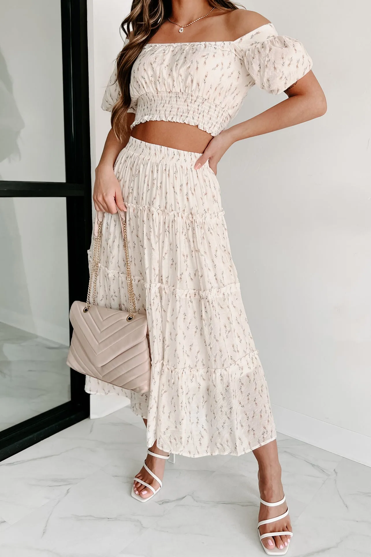 Looking For Beauty Floral Tiered Midi Skirt (Cream)