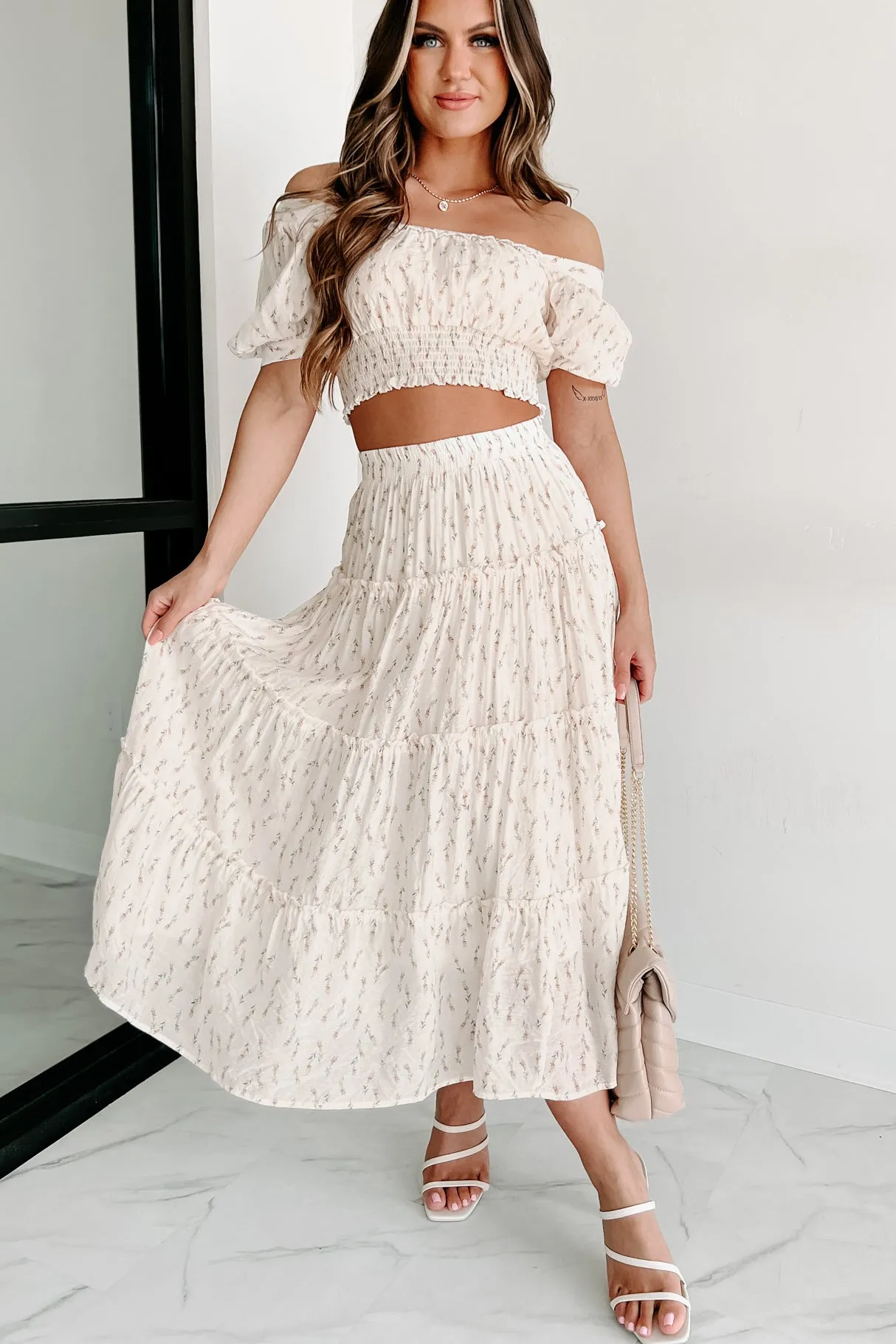 Looking For Beauty Floral Tiered Midi Skirt (Cream)
