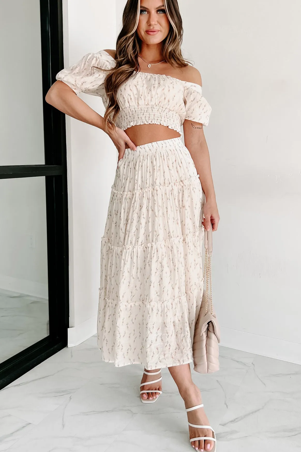 Looking For Beauty Floral Tiered Midi Skirt (Cream)