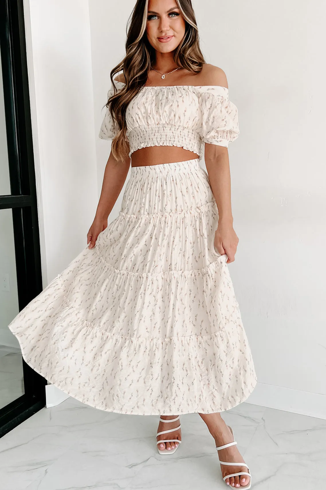 Looking For Beauty Floral Tiered Midi Skirt (Cream)