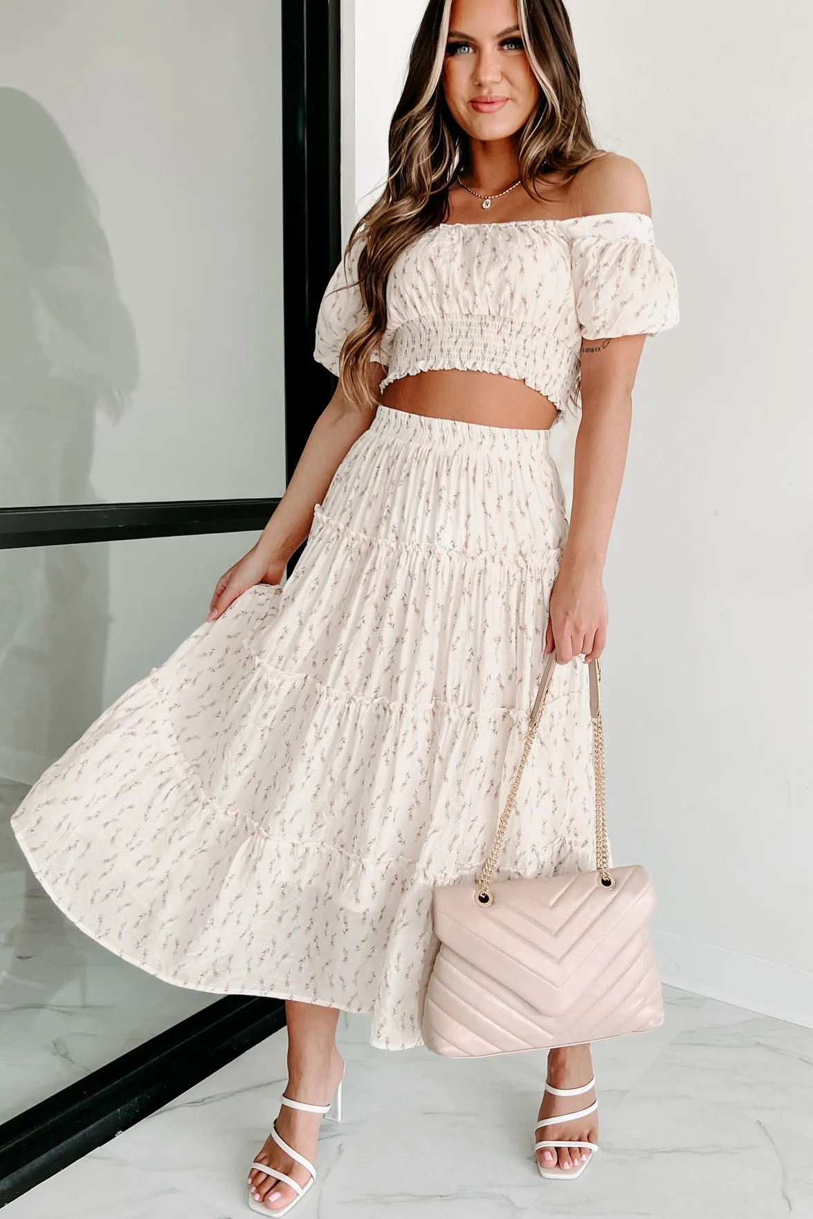 Looking For Beauty Floral Tiered Midi Skirt (Cream)