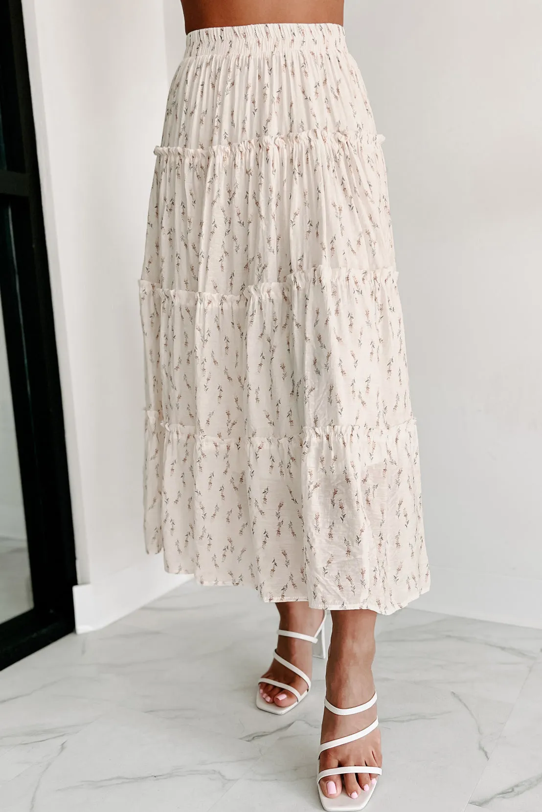 Looking For Beauty Floral Tiered Midi Skirt (Cream)