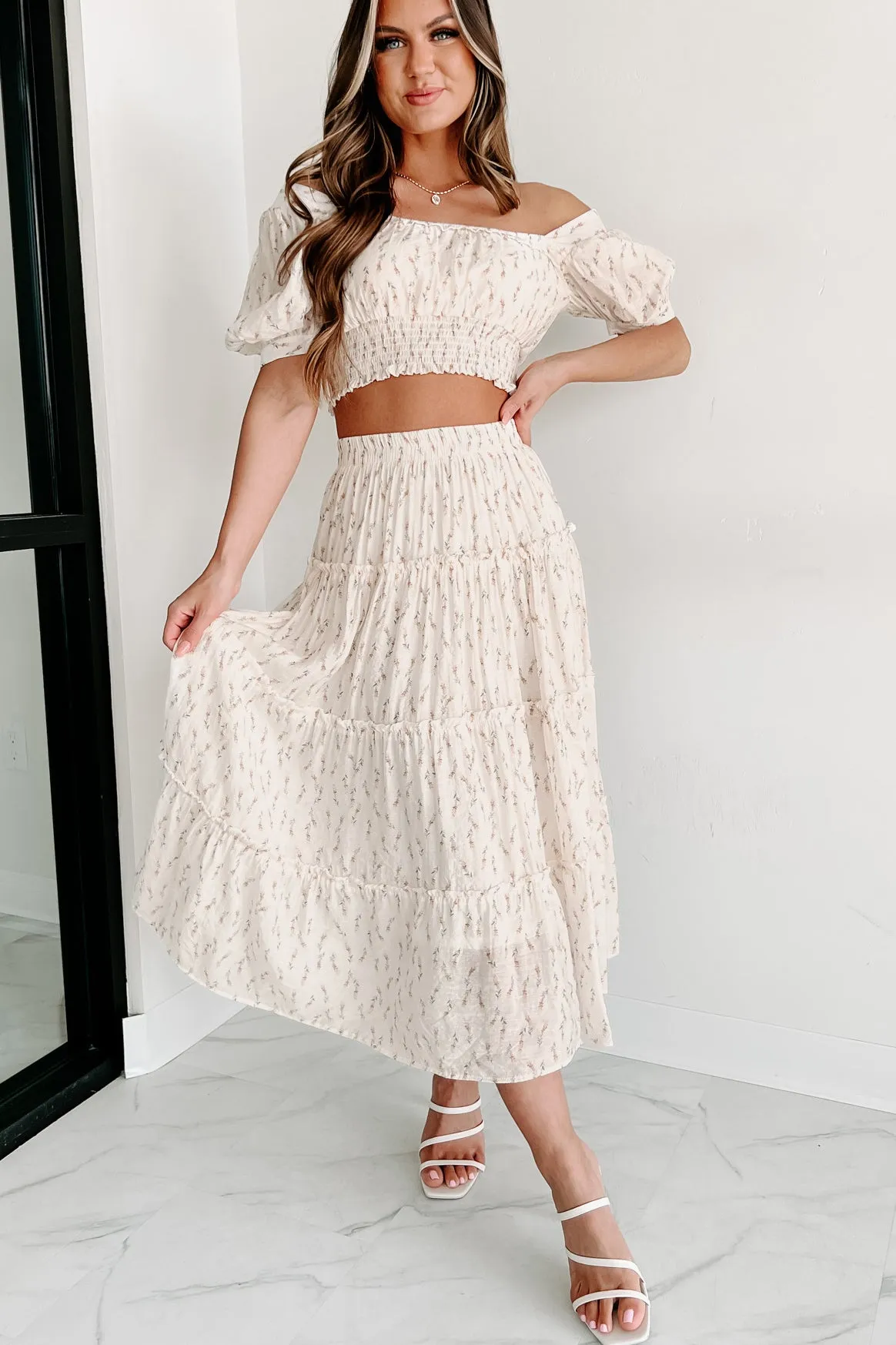 Looking For Beauty Floral Tiered Midi Skirt (Cream)