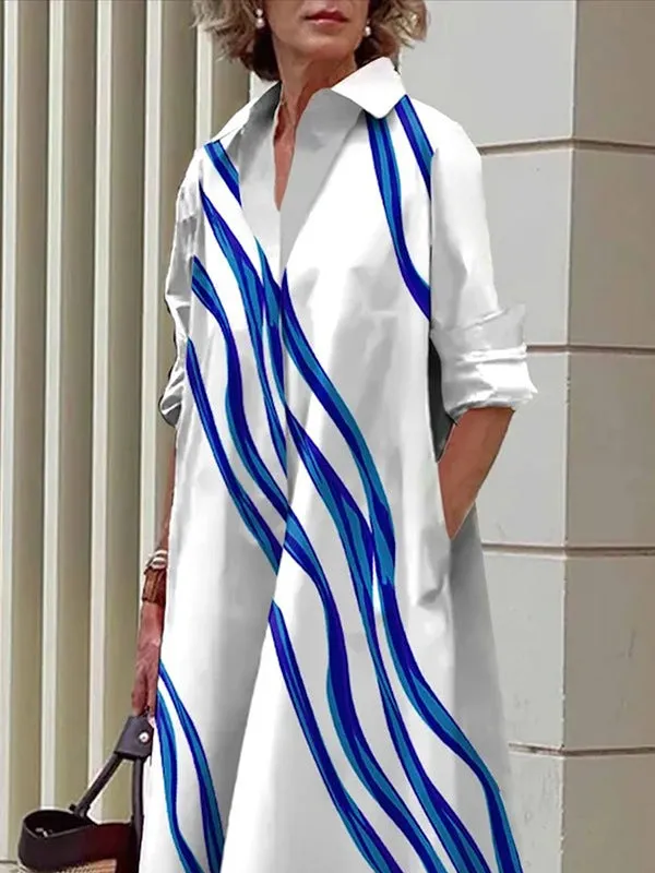 Loose Three-quarter Sleeve Rib Lapel Midi Skirt Dress