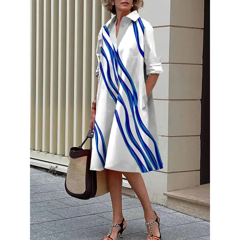 Loose Three-quarter Sleeve Rib Lapel Midi Skirt Dress