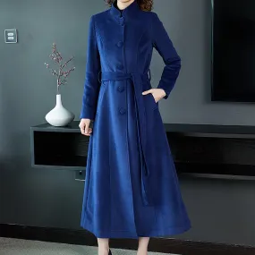 Mandarin Collar Single Breasted Belted Wool Blend Long Coat