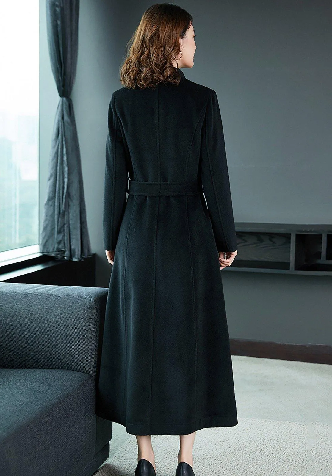 Mandarin Collar Single Breasted Belted Wool Blend Long Coat