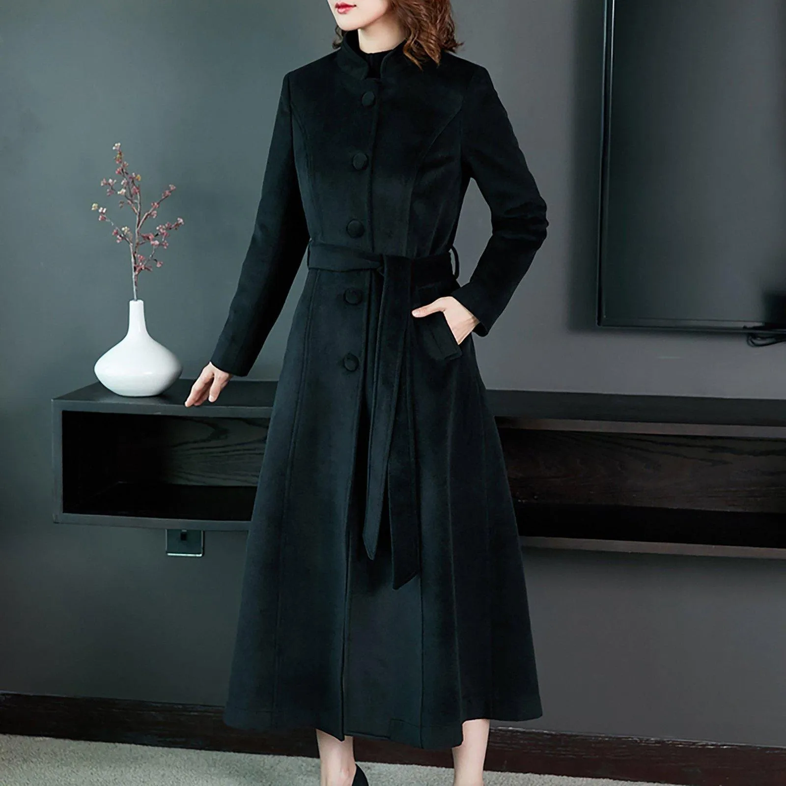 Mandarin Collar Single Breasted Belted Wool Blend Long Coat
