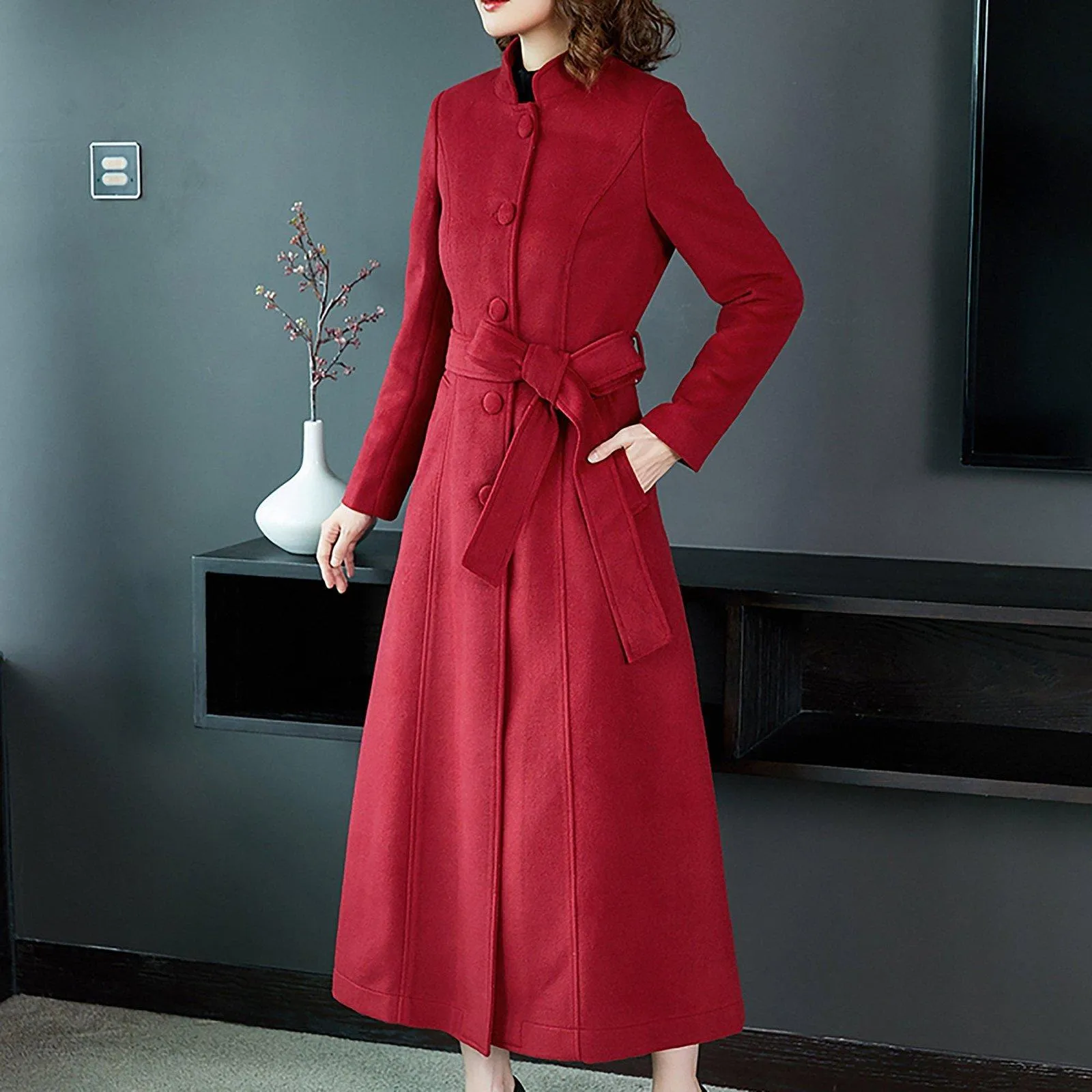 Mandarin Collar Single Breasted Belted Wool Blend Long Coat