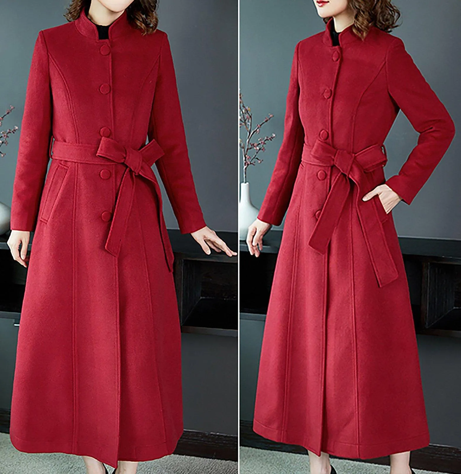 Mandarin Collar Single Breasted Belted Wool Blend Long Coat