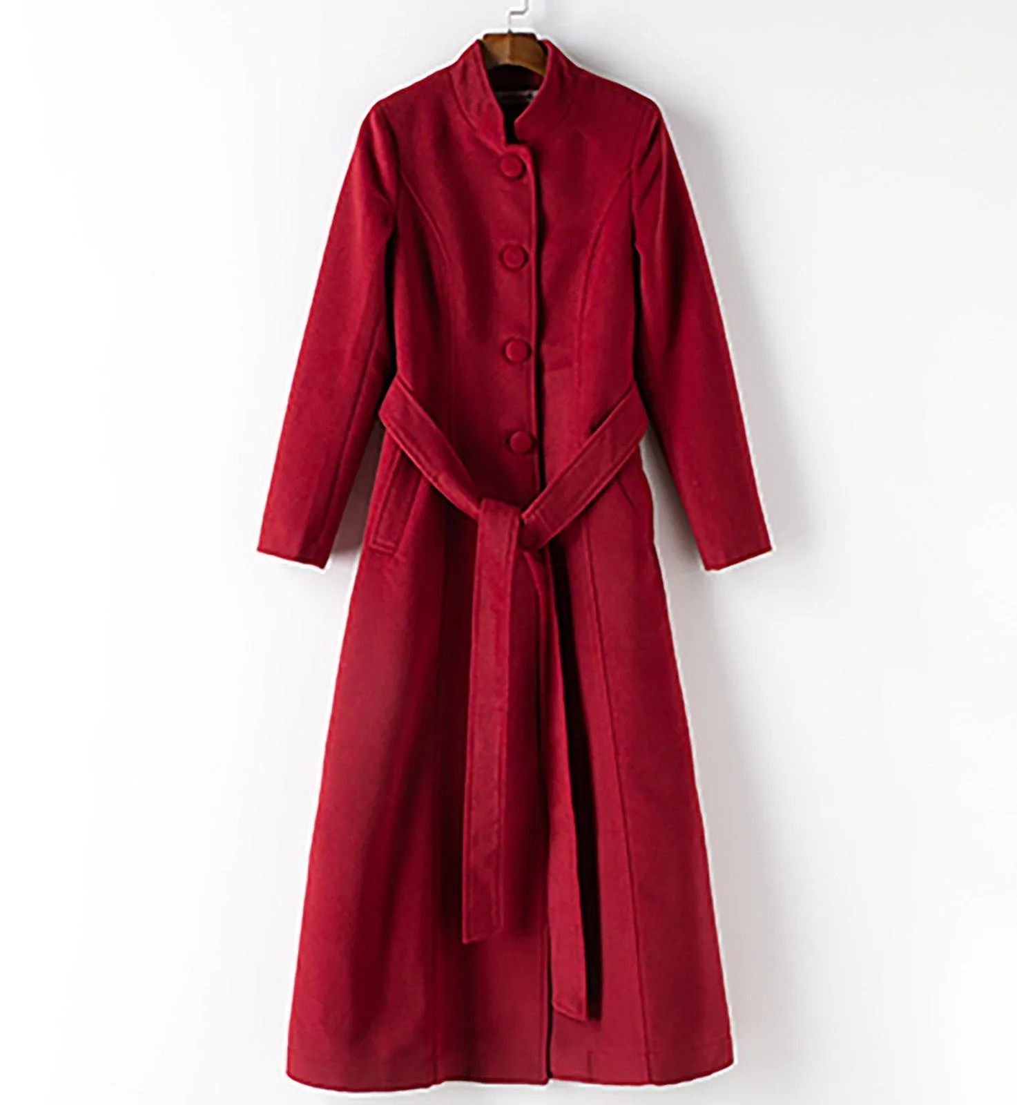 Mandarin Collar Single Breasted Belted Wool Blend Long Coat