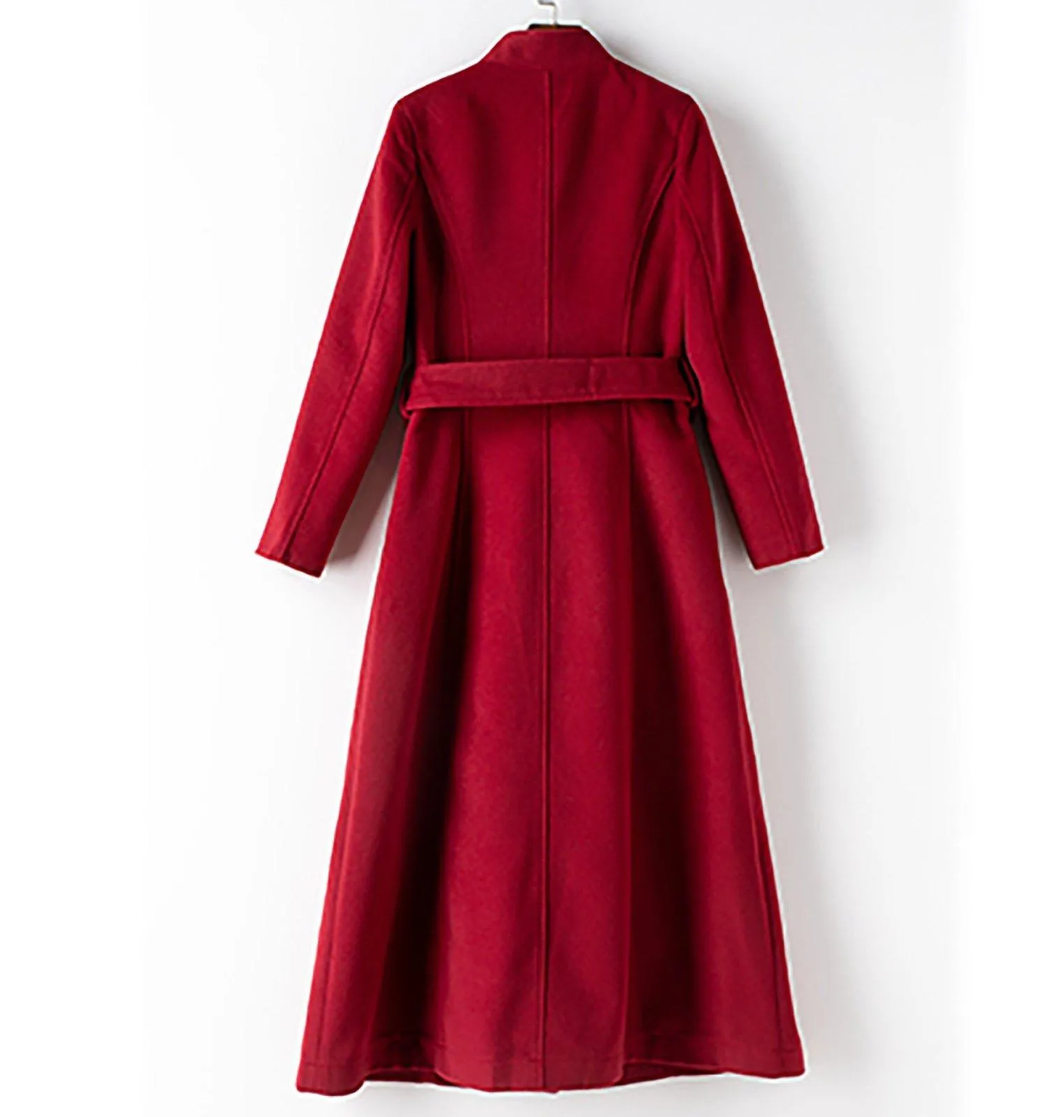 Mandarin Collar Single Breasted Belted Wool Blend Long Coat