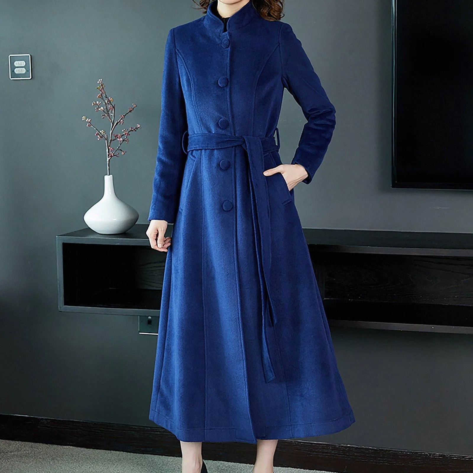 Mandarin Collar Single Breasted Belted Wool Blend Long Coat