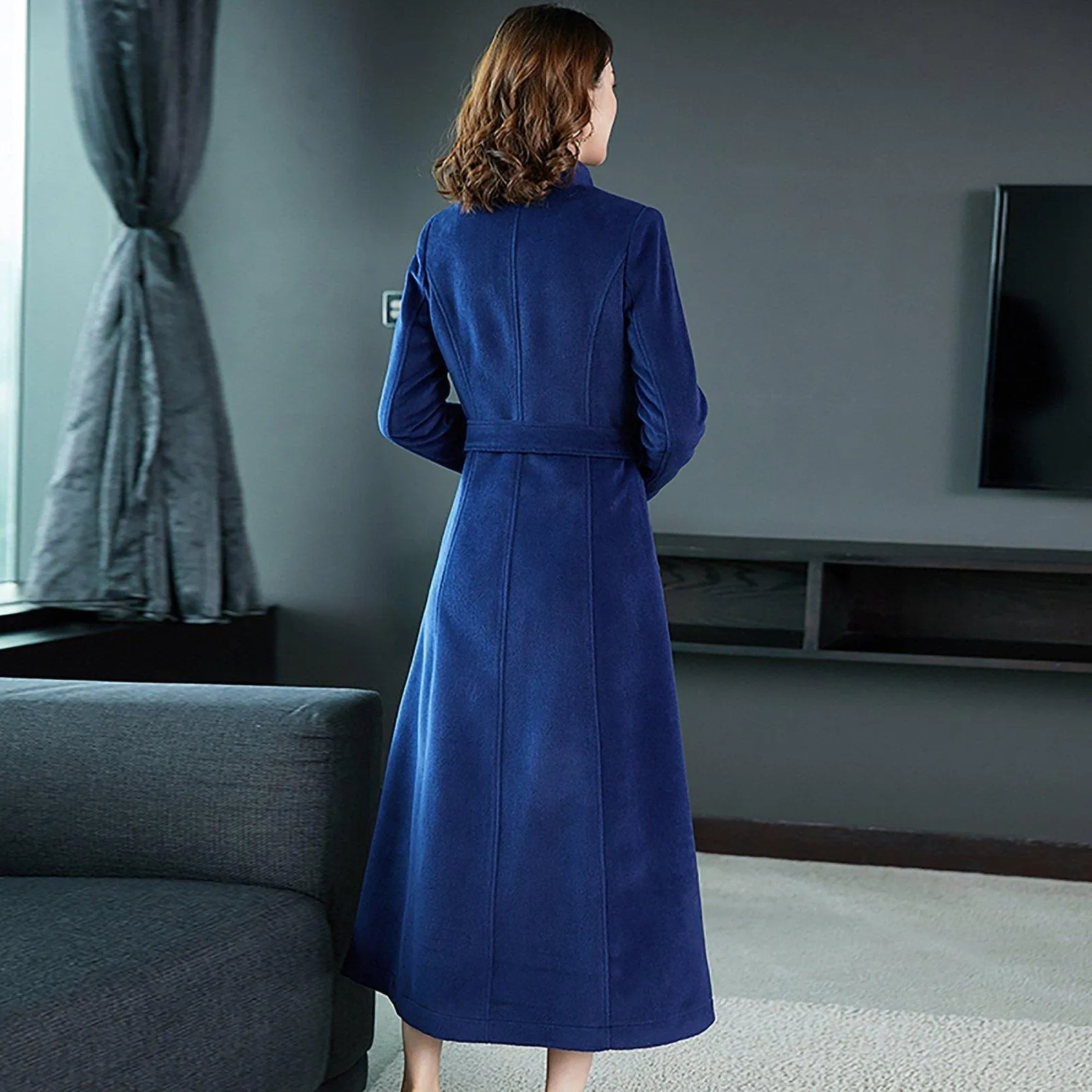 Mandarin Collar Single Breasted Belted Wool Blend Long Coat