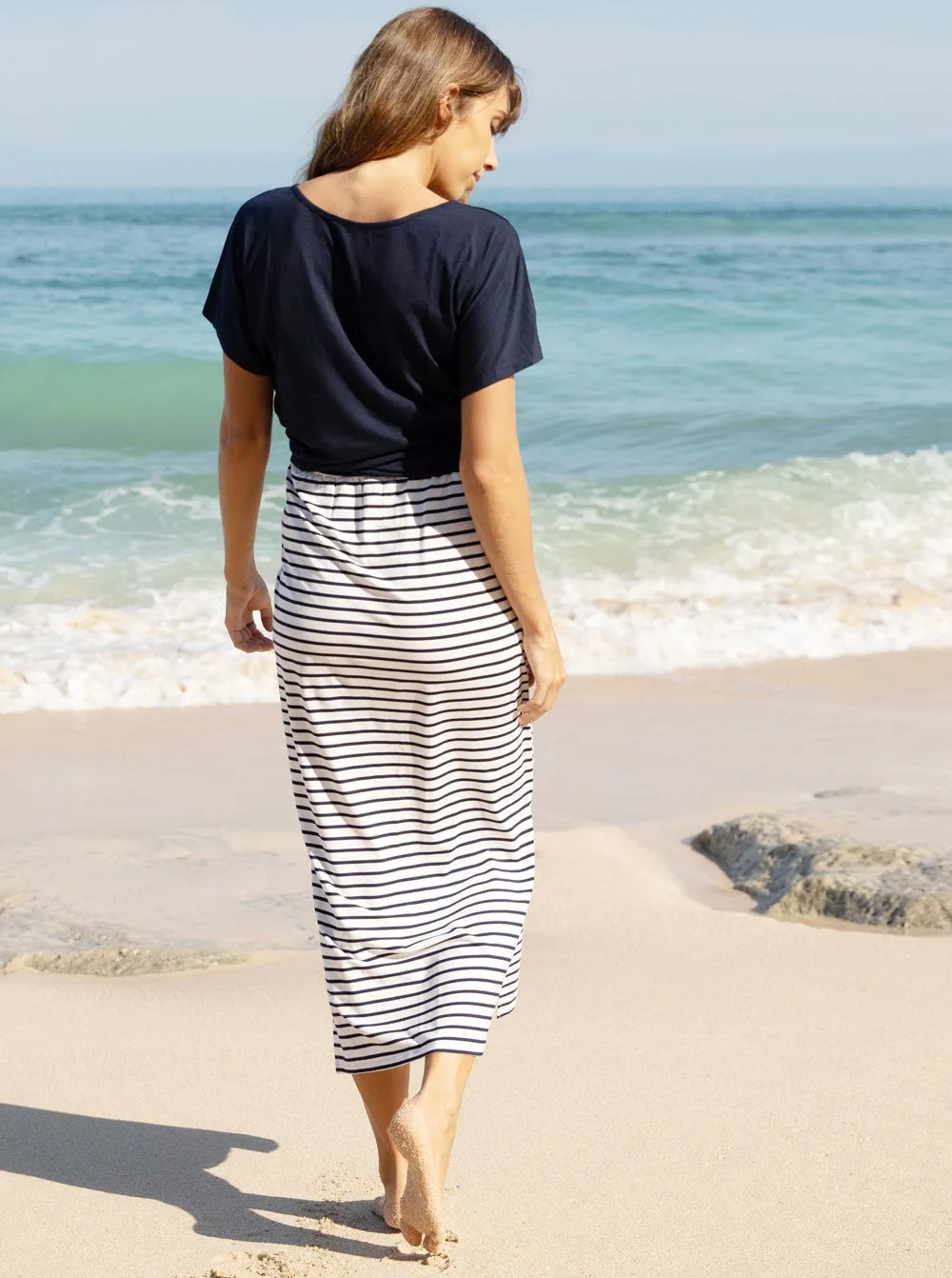Maternity Maxi  Skirt in White & Navy Stripes