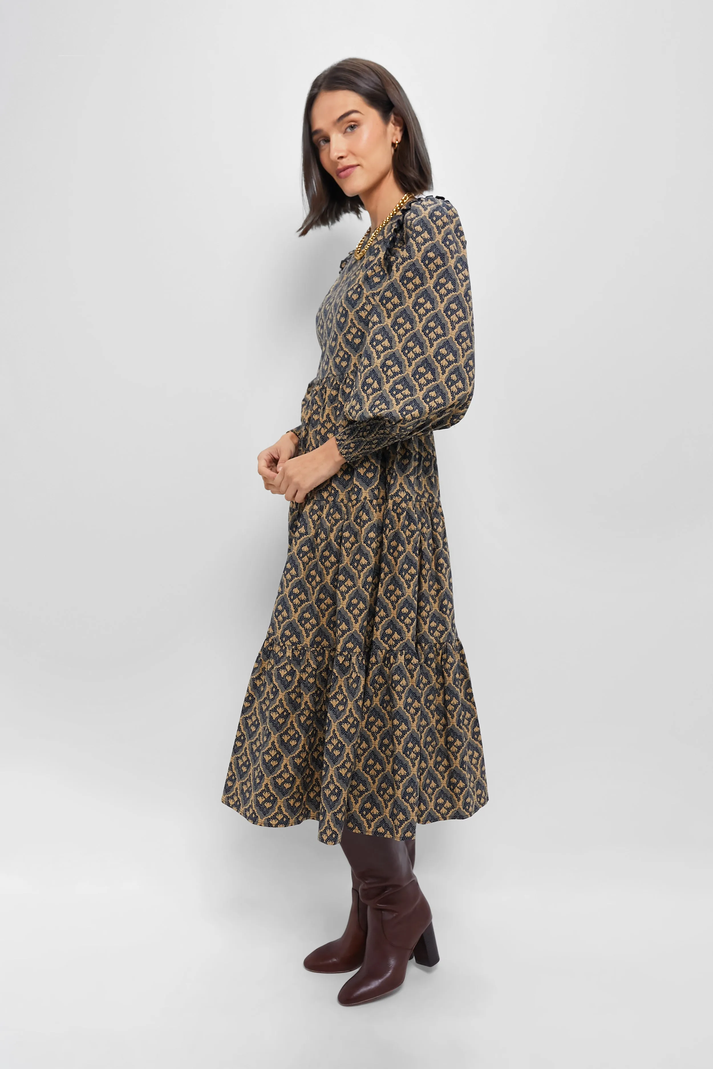 Navy & Tan Floral Anja Midi Dress