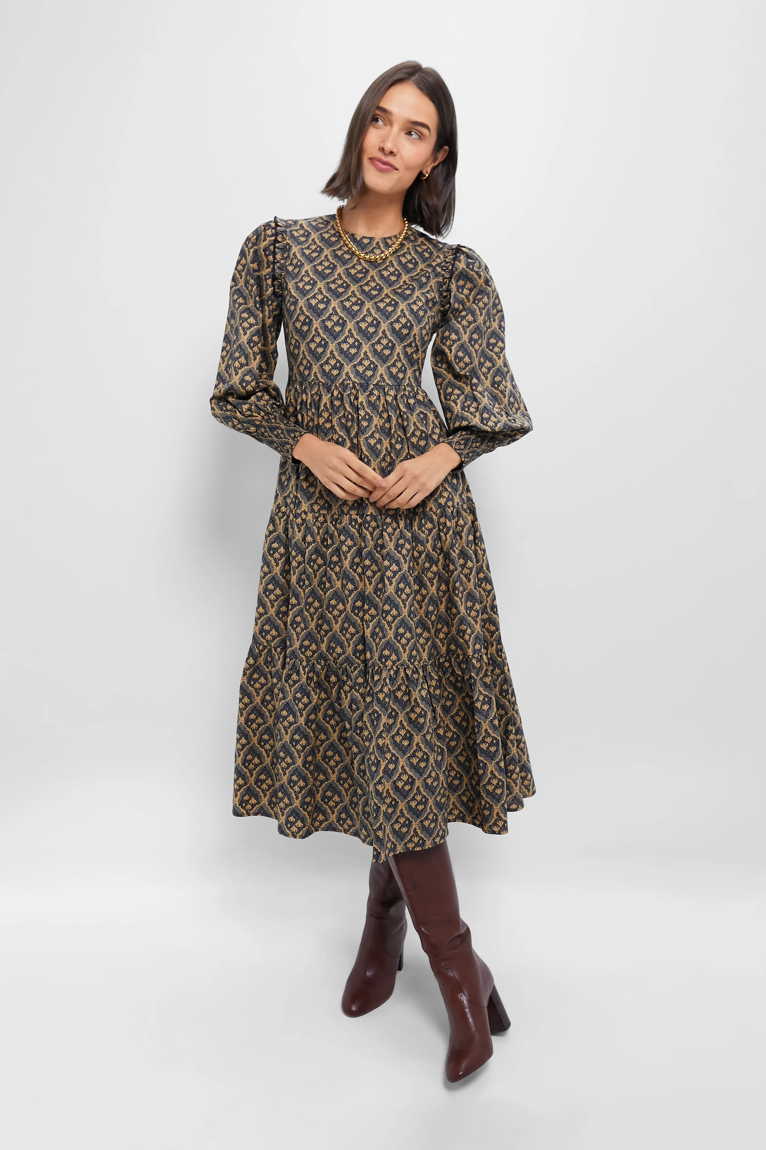 Navy & Tan Floral Anja Midi Dress