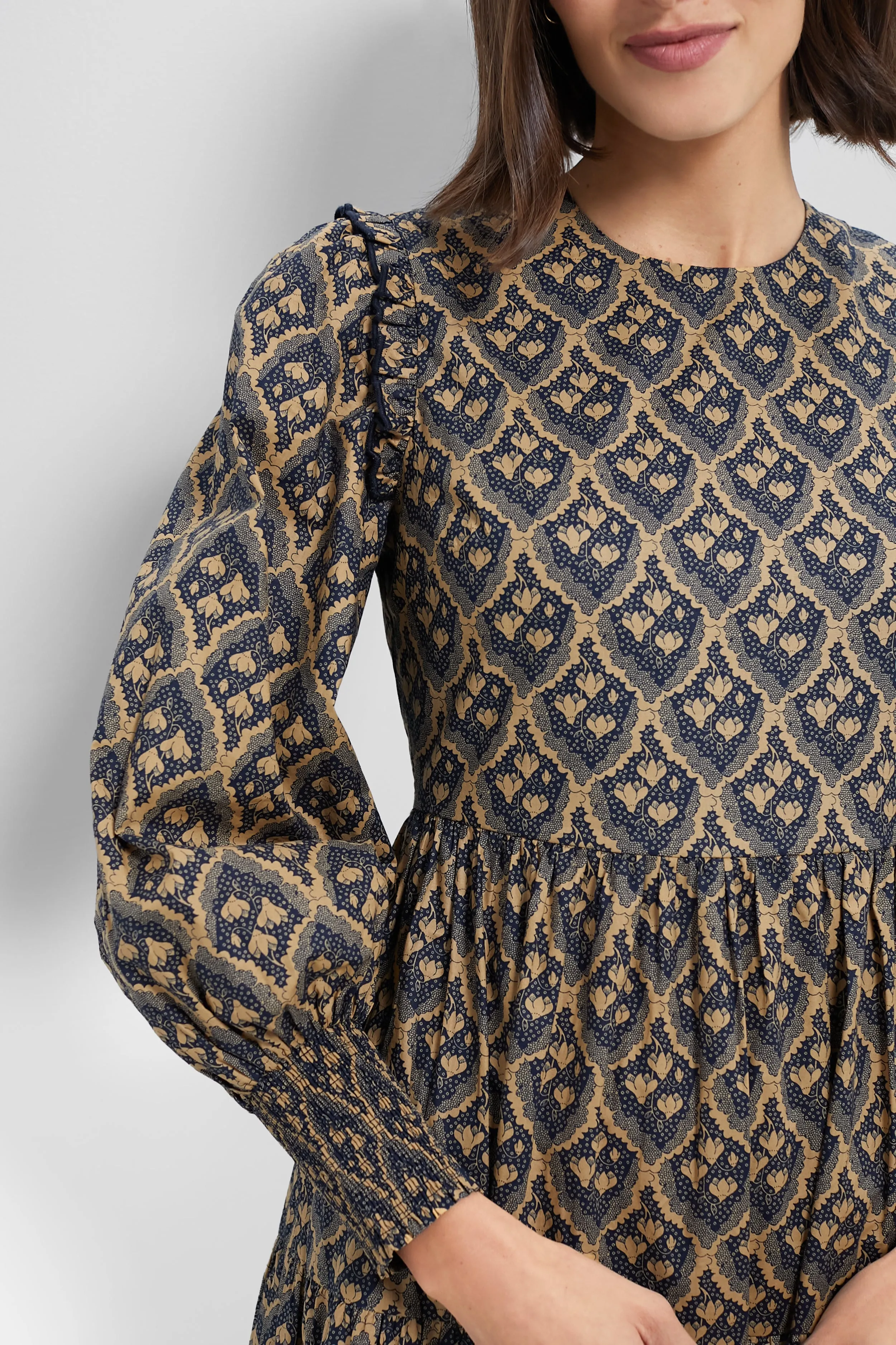 Navy & Tan Floral Anja Midi Dress