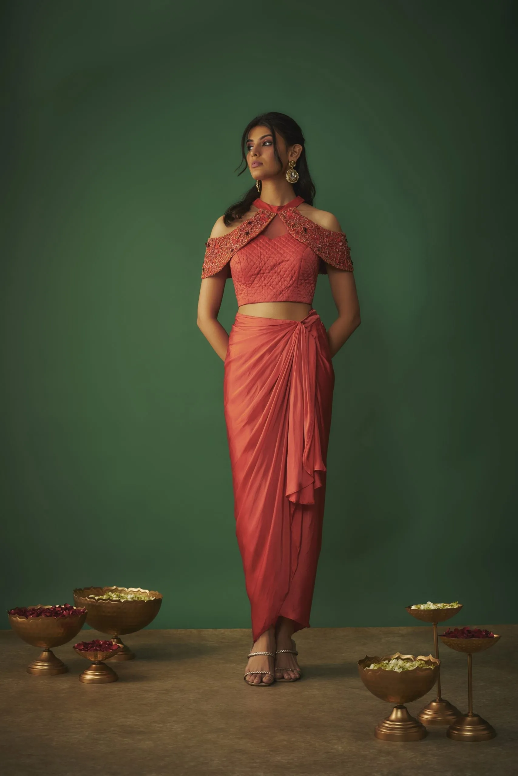 ORANGE EMBROIDERED TOP AND DRAPED SKIRT SET